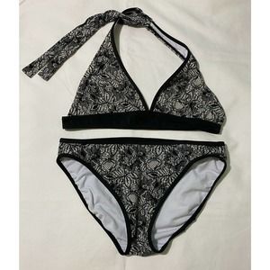 Spiegel Swim Black White 2 Piece Halter Top Bikini Swimsuit Flower Print Size 12